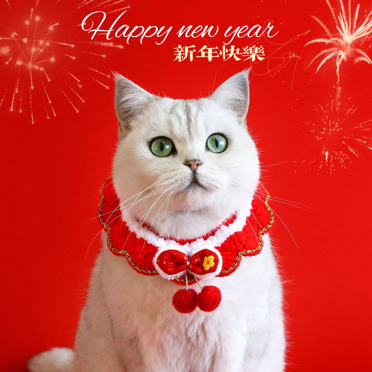 新年红宠物围脖针织围兜猫咪小狗喜庆过年亮片樱桃蝴蝶结可爱围巾