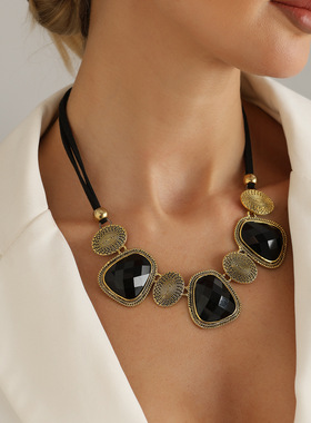 欧美跨境饰品复古做旧黑宝石项链