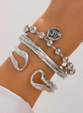 欧美跨境不规则双环镂空弹簧开口手镯 甜酷复古吊坠圆珠叠戴手饰