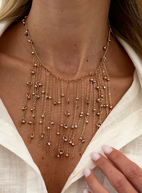 欧美跨境复古镶钻吊球流苏项链女