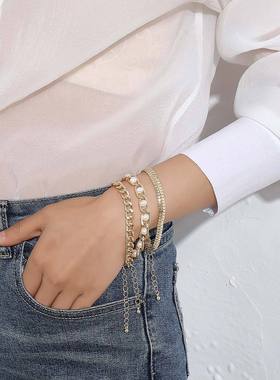 欧美跨境饰品 时尚珍珠粗合金锁链手链三件套 朋克复古手环手饰女