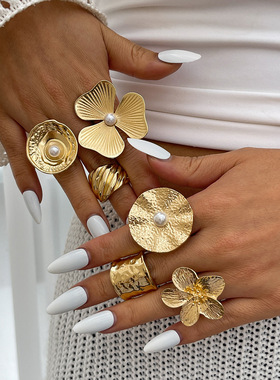 欧美ins夸张肌理感叠戴开口戒指女 简约几何仿珍珠荷叶花朵手饰品