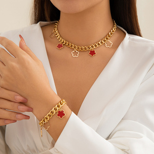 欧美彩色五叶草流苏项链女 冷淡风金属链条项饰necklace百搭首饰