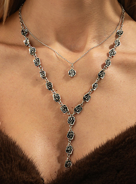 欧美跨境百搭玫瑰花流苏项饰毛衣