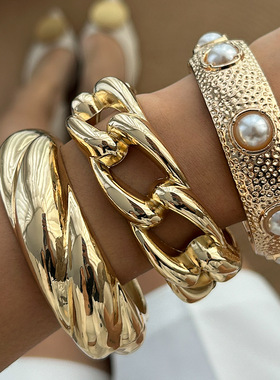 欧美跨境设计感仿珍珠夸张宽手镯 个性链条装金属ins复古开口手环