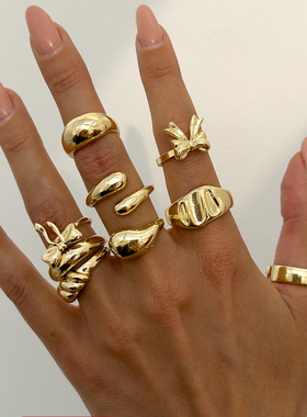 欧美跨境饰品 熔岩纹理蝴蝶结套装关节戒指 简约几何抱抱指环手饰