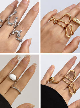 欧美跨境小众镂空液态设计感戒指简约不规则熔岩开口光面Ring套装