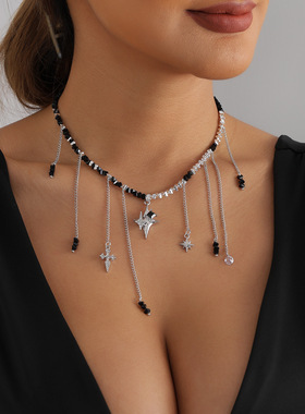 欧美跨境饰品Y2K辣妹风黑珠项链ins混搭星星十字架流苏吸睛锁骨链