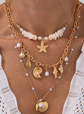 欧美跨境田园沙滩贝壳片多层海星