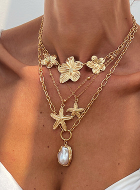 欧美跨境necklace叠戴花朵海星