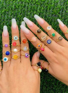 复古冷淡风嘻哈蛋白石蓝眼关节戒