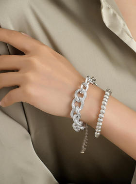 欧美跨境饰品 时尚几何铝合金双层手链女 个性西瓜珠粗链手环手饰