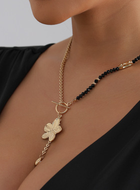 欧美跨境饰品小众设计感黑金撞色项链ins拼接花朵吊坠V字型锁骨链