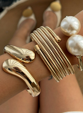 欧美bracelet大珍珠金属开口手镯 朋克叠戴多层跨境时尚ins手环女