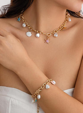 海洋鱼尾仿珍珠流苏项链necklace