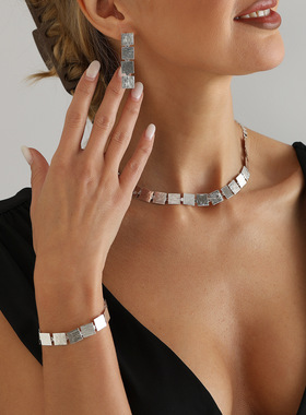 欧美跨境饰品几何方形金属片拉丝