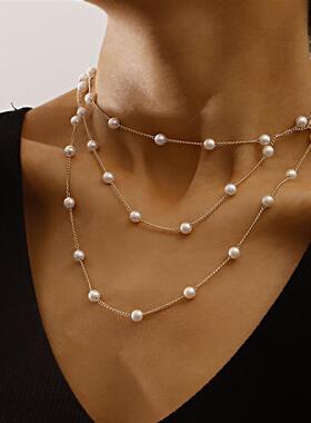 欧美跨境饰品简约几何细链珍珠