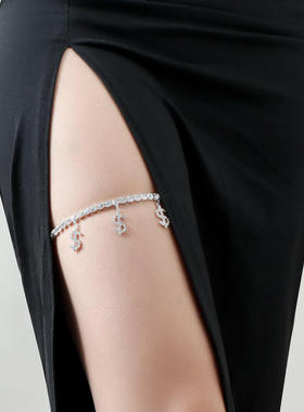 欧美性感时尚沙滩黑色弹力带满钻脚链货币腿链女简约水钻身体链