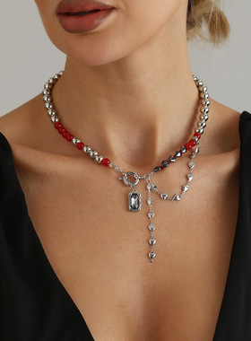 欧美跨境饰品甜酷黑红撞色串珠项