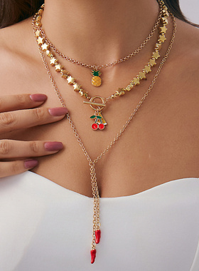 欧美跨境简约ins水果叠戴项链女