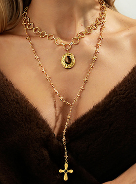 欧美跨境创意复古宝石吊坠锁骨项