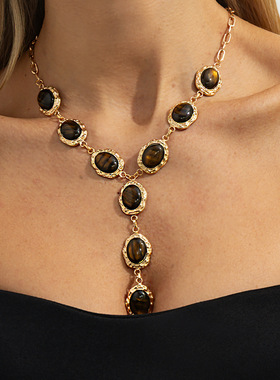 欧美跨境小众复古镶嵌虎眼石Y形