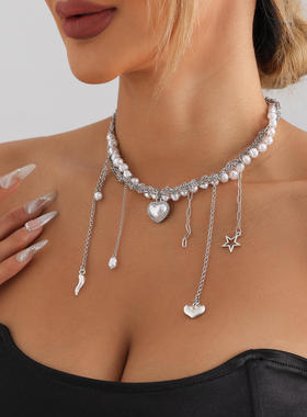 欧美跨境饰品多层心形流苏珍珠