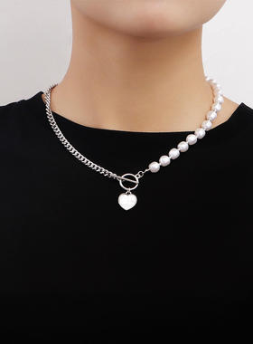 欧美跨境饰品拼接链条仿珍珠颈链
