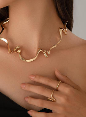 欧美跨境液态熔岩金属质感项圈女冷淡风几何扭曲设计感项链首饰