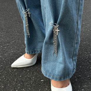 欧美脚链挂件胸针调节裤子饰品 小众十字架链条流苏设计改短别针