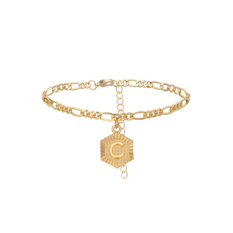 欧美跨境饰品 26个大写首字母合金吊坠脚链女 几何六边形沙滩脚饰