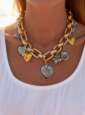 欧美跨境夸张重工花朵爱心形吊坠