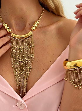 欧美跨境ZA小众圆珠链流苏项链女 创意瀑布式百搭链条串珠项饰品