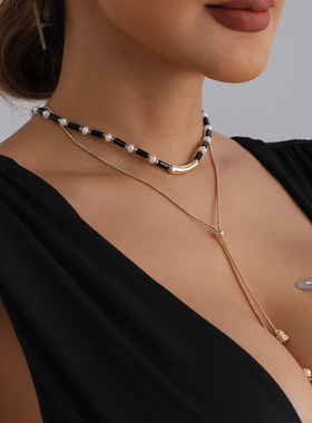 欧美跨境饰品复古黑珠珍珠拼接长