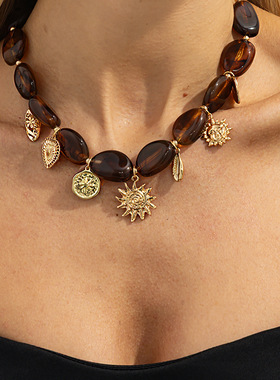 欧美跨境个性夸张心形太阳花吊坠