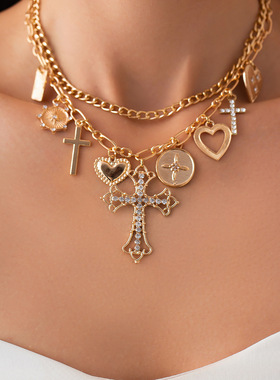 欧美跨境甜酷爱心圆形吊坠项饰女