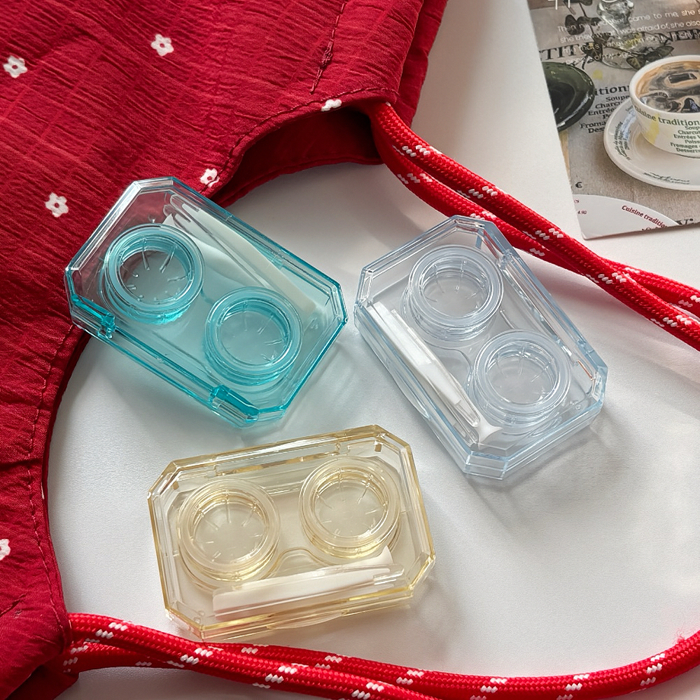 复古色彩无需拧盖隐形眼镜盒便携透明一体伴侣盒美瞳双联盒收纳盒