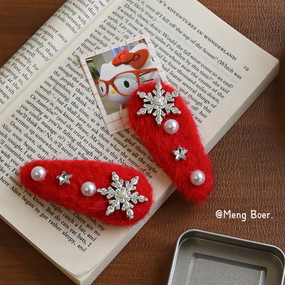 新年红毛绒雪花刘海BB夹高颜值