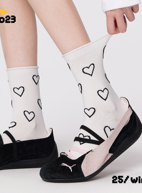 白色袜子夏薄款女立体爱心个性百搭卷边中筒袜无骨透气棉袜子
