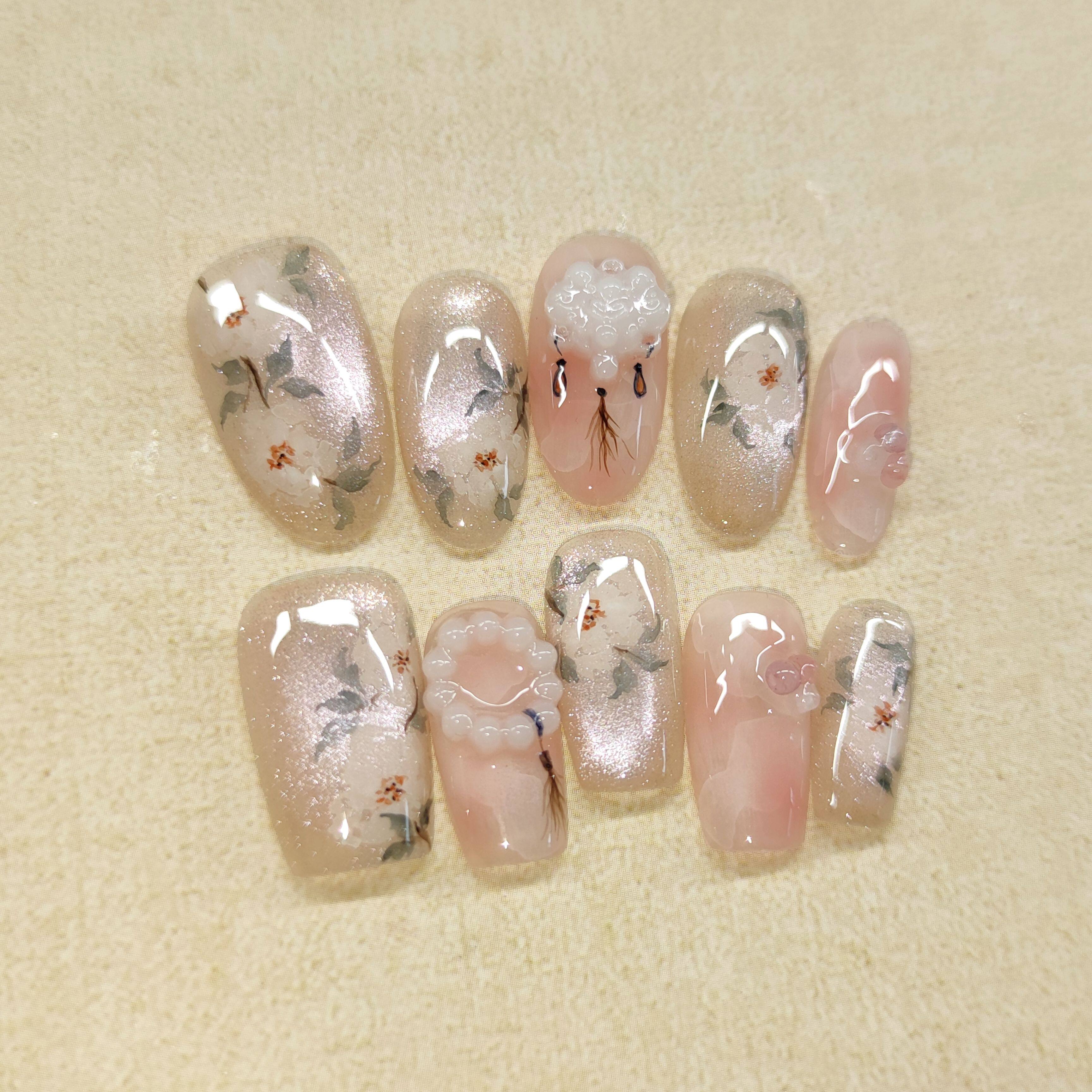 【倾城】纯手工穿戴甲国风立体雕花粉紫猫眼绝美显白美甲贴片