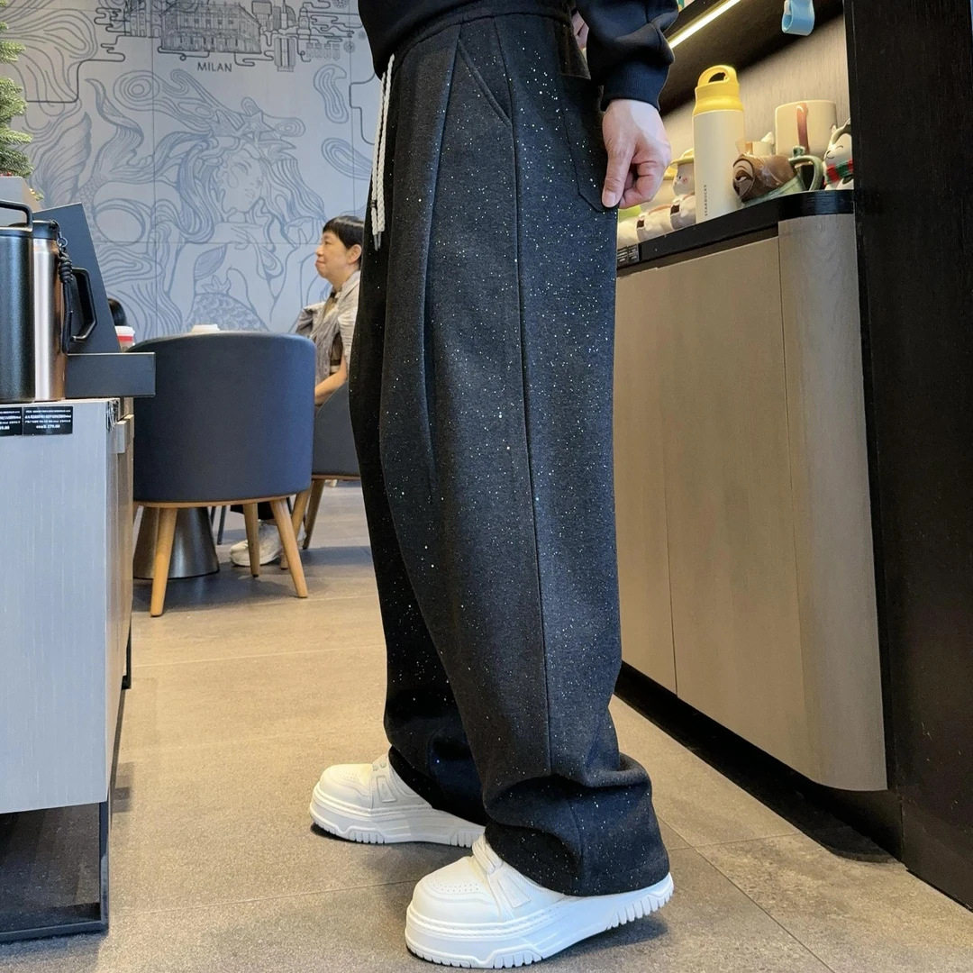 新年款满天星反光亮片时尚休闲裤男士冬季加绒加厚宽松褶位阔腿裤