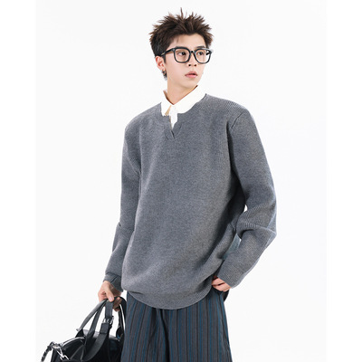 99968秋冬新款男装韩系穿搭大学生假两件毛衣男衬衫领针织打底衫