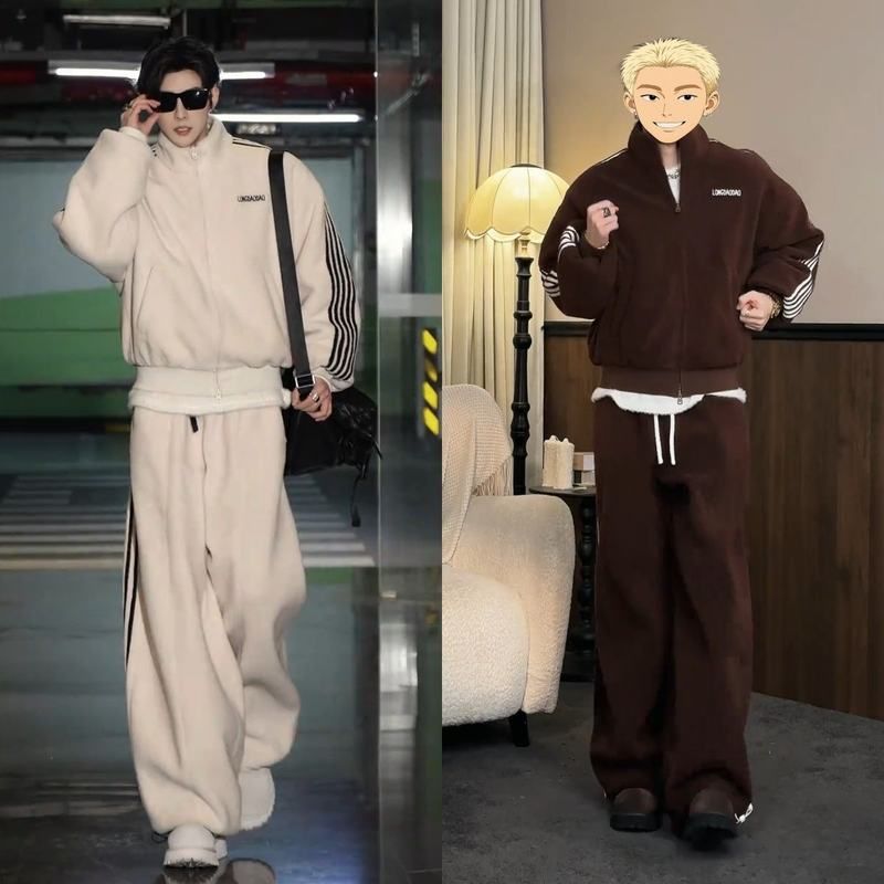 老钱风潮流百搭秋冬季新品美式复古运动个性立领外套宽松长裤套装