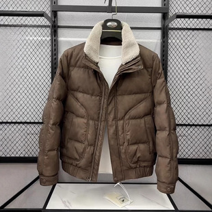 高端男士白鸭绒PU皮羽绒服冬季压花锁绒帅气冬装痞帅保暖翻领外套
