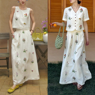 【事事幽】亚麻重工绣花短袖T恤女夏慵懒风半身裙套装