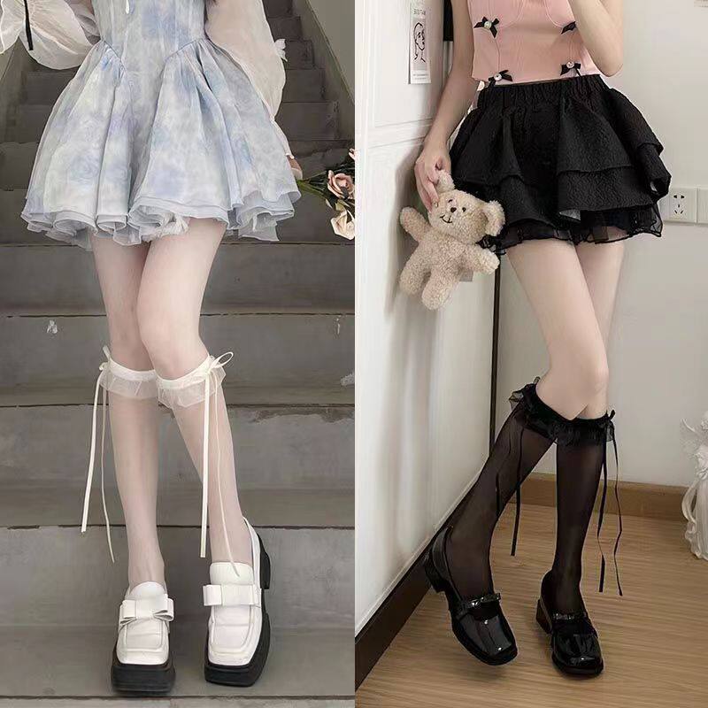 夏季薄款甜美白色小腿袜纯欲风花边蕾丝蝴蝶结可爱飘带长筒过膝