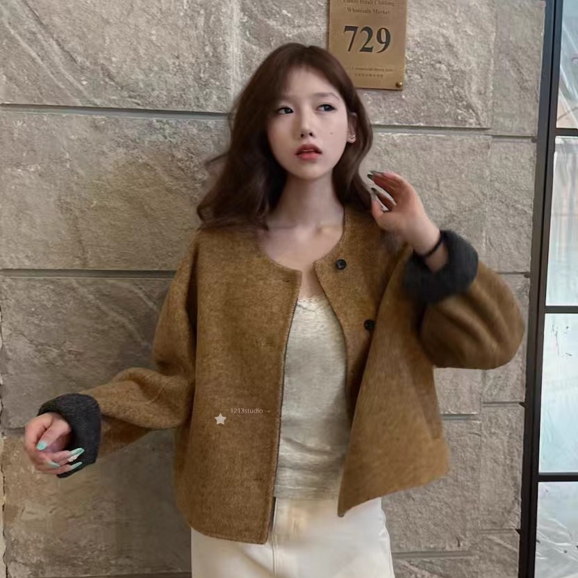 1213studio2025秋季新款双面大衣短款小香风韩版小个子羊毛呢外套