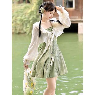 套装 竹语 改良新中式 汉服女国风日常甜美少女绿色裙子超仙开衫