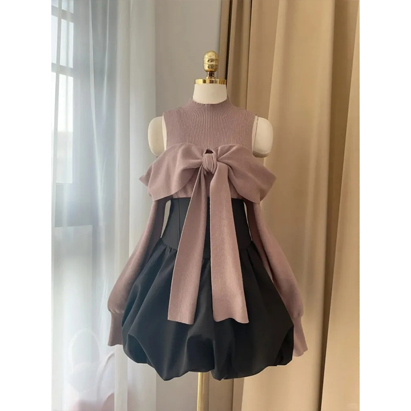 【见习淑女】日系奈奈风甜美套装秋季小众蝴蝶结上衣高腰裙两件套