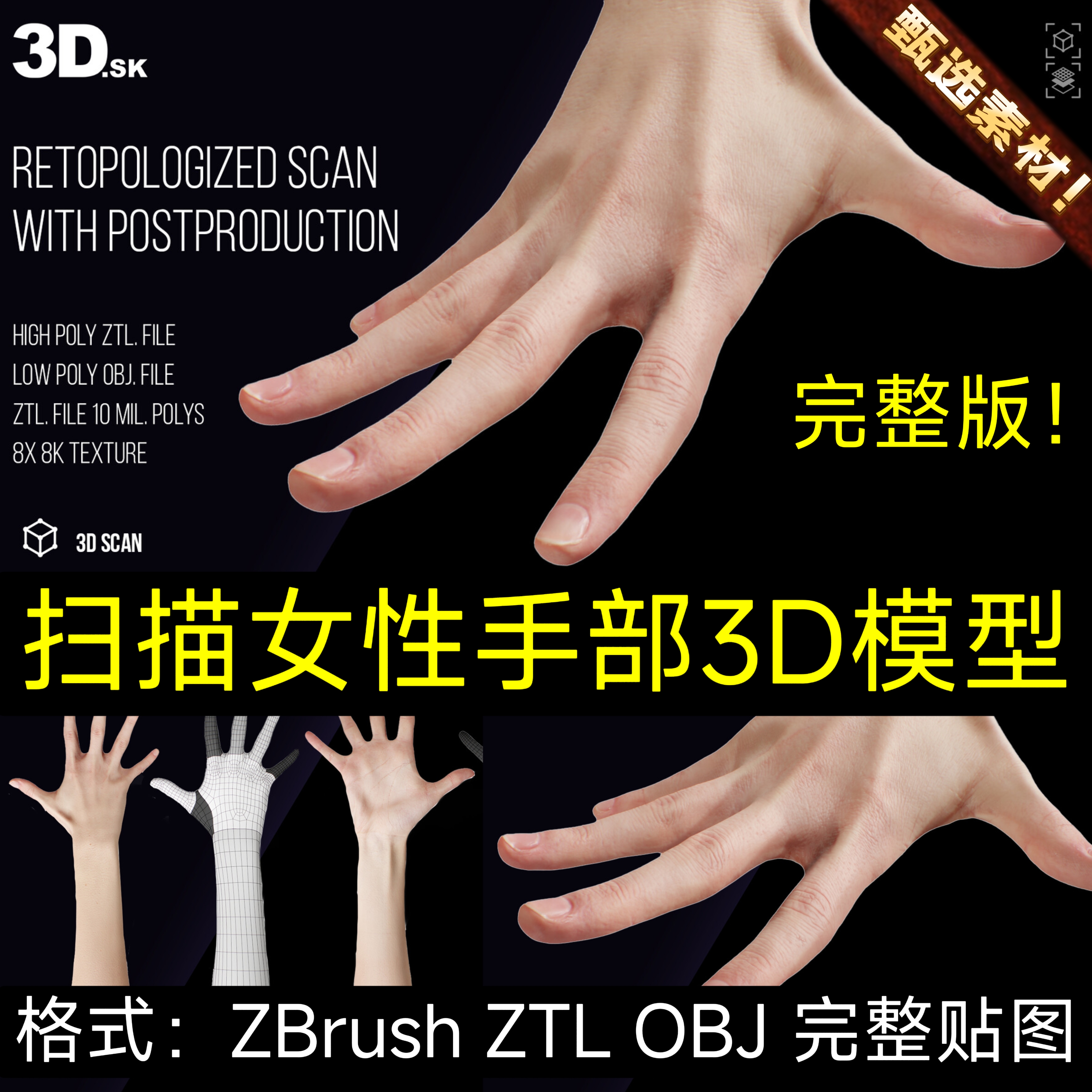 Zbrush高精度扫描女性手部手掌手臂手指细分3D模型obj c4d 3dmax